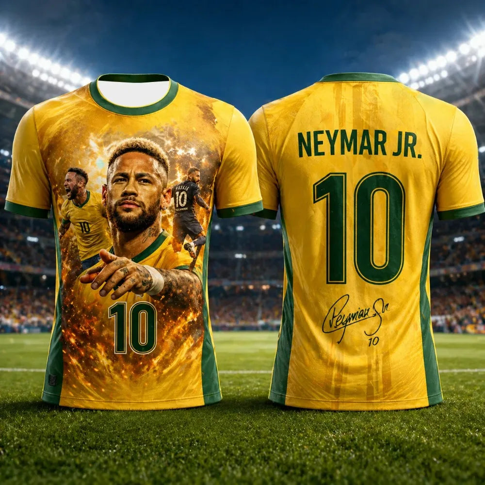 Neymar Jr #10 Brazil National Team Soccer Jersey T-Shirt, Men Women Yellow Green Short Sleeve Football Fan Streetwear Tee