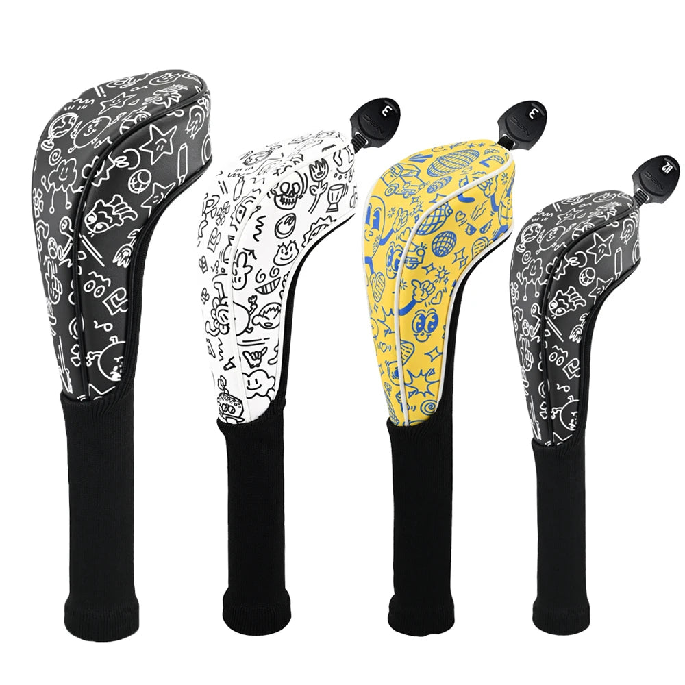 Golf Headcover Graffiti PU Leather for Driver Fairway Wood Head Cover Waterproof Durable Universal Fit Golf Club Head Protectors