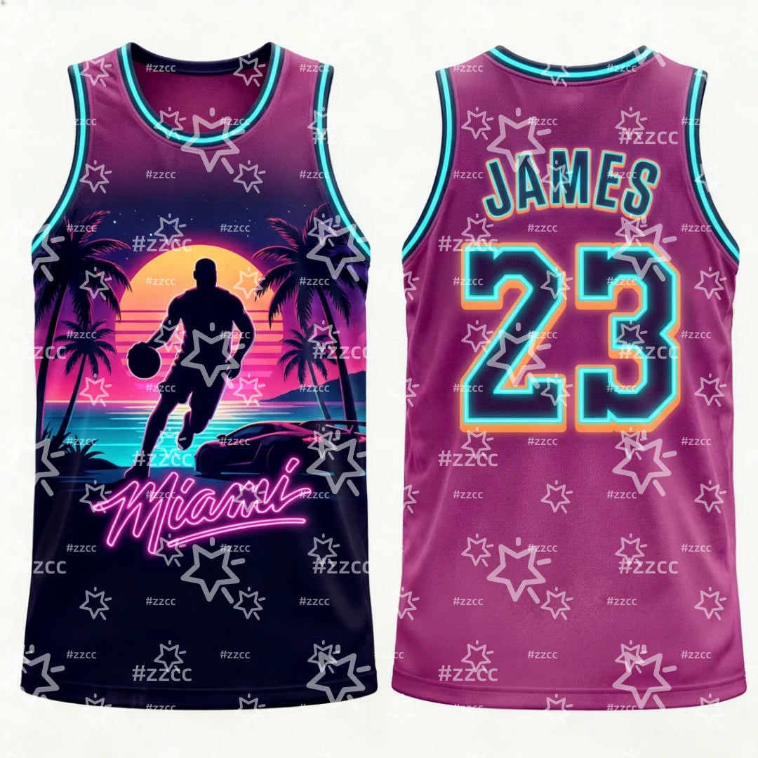 2026 Lebron James No.23 Basketball Jerseys Retro Miami Coastal Crime Graphic Tee Summer Sports Men's Vest Kid's Clothing