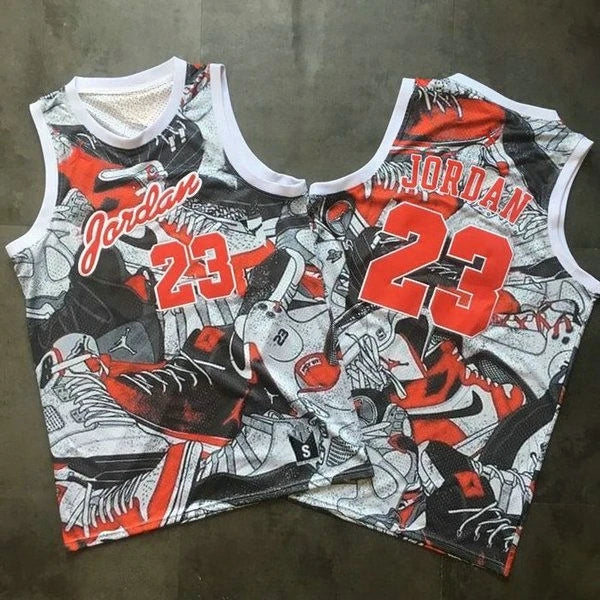 Graffiti Sneakers Full Print Jordan # 23 Basketball Suit White Border Mesh Sleeveless Vest Fashion Hip-hop Sports Training Vest