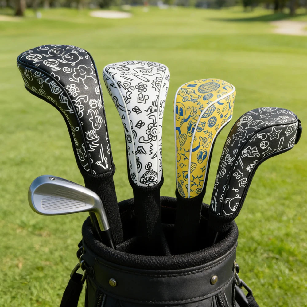 Golf Headcover Graffiti PU Leather for Driver Fairway Wood Head Cover Waterproof Durable Universal Fit Golf Club Head Protectors