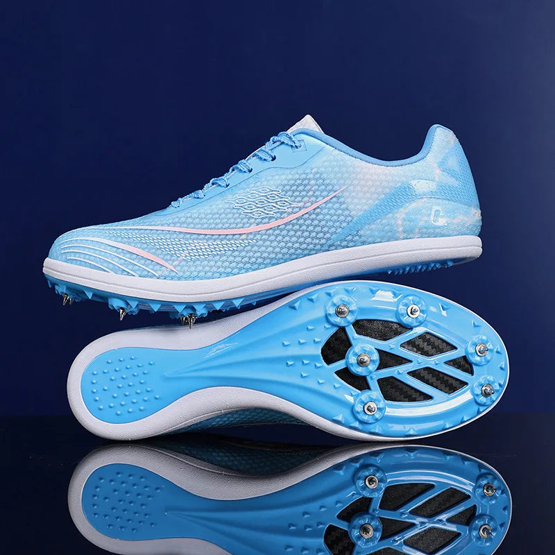 Professional Track and Field Spikes Shoes Men Pink Gradient Wing Design Sprint Shoes Lightweight Breathable Athletic Training
