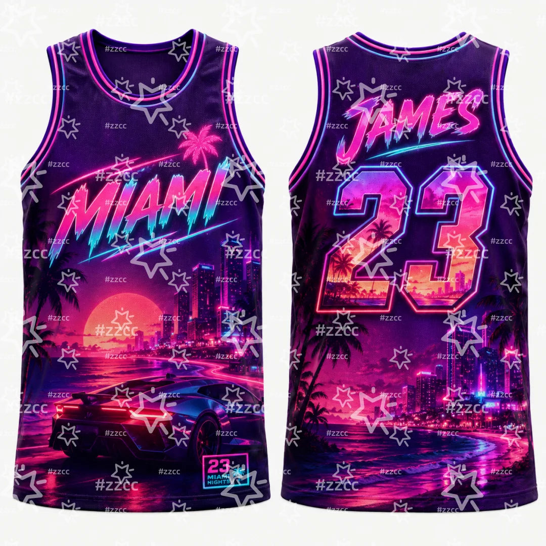 2026 Lebron James No.23 Basketball Jerseys Retro Miami Coastal Crime Graphic Tee Summer Sports Men's Vest Kid's Clothing